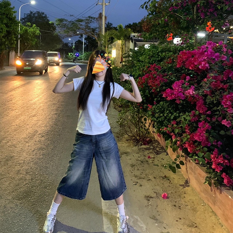 美式复古七分裤女夏薄款大码胖mm夏日牛仔短裤a字梨型身材阔腿裤