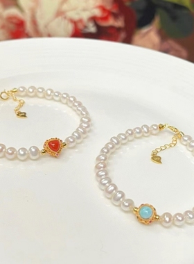 超美南红天河石珍珠手链s925纯银镶嵌宝石淡水珍珠手串高级饰品