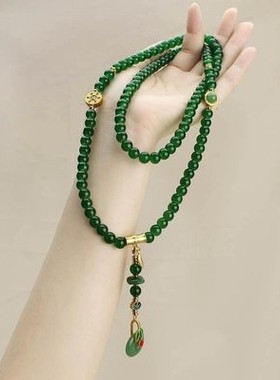 新中式国潮平安扣项链女款复古祖母绿圆珠长款毛衣链古风汉服配饰