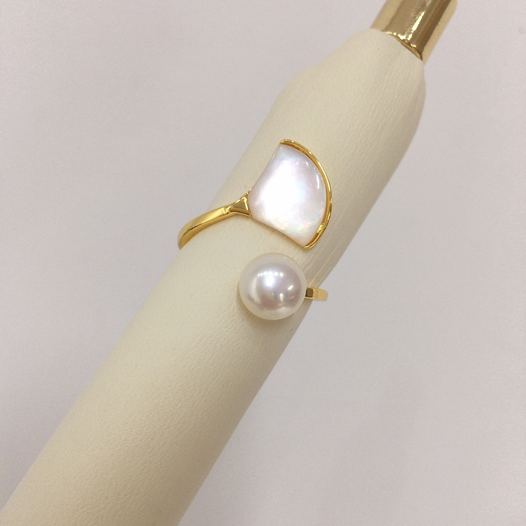 新款轻奢高级感戒指天然海贝母淡水珍珠开口戒指大小可调节指环