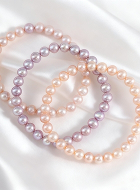 天然彩色珍珠手串近正圆淡水珍珠弹力手链多巴胺糖果色闺蜜手串女