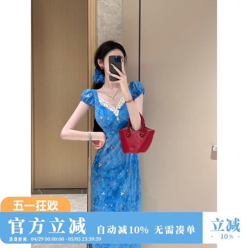 雅乔【卡普里蓝调】夏季雪纺修身绣花短袖荷叶边吊带两穿连衣长裙