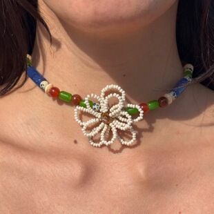 RTEP 编织玉石花朵项链小众设计不规则花朵锁骨链 双花琥珀