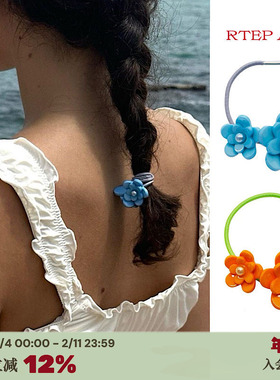 RTEP 小众emijay可爱橘色蓝色双层花朵珍珠泡泡度假发绳醋酸头绳