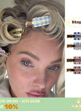 RTEP emijay蓝色格子无痕夹粉色花朵钻石镶嵌刘海发夹高级感