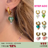 RTEP 小众ins可爱彩色琉璃法式 复古爱心渐变波点金色c圈吊坠耳环