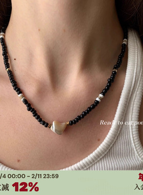 RTEP 沙滩碎片*马蹄螺天然贝壳珠拼接设计黑色百搭小众感锁骨项链