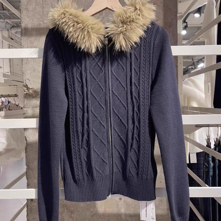 WM美式复古毛领拉链针织开衫女深蓝色麻花纹毛衣外套长袖女秋冬