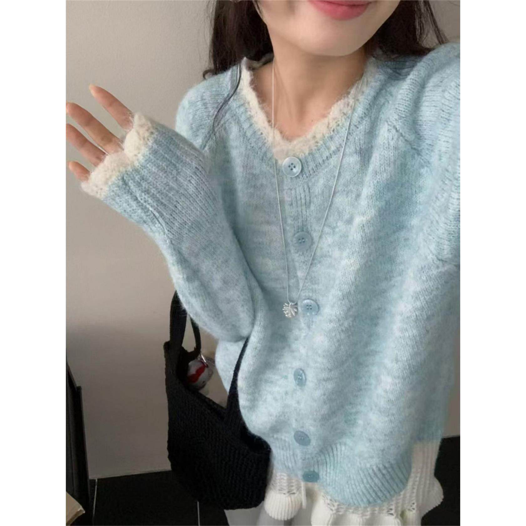 秋冬新款蓝色针织开衫撞色外搭上衣女2025简约韩系针织衫毛衣外套