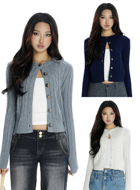 Audwyn羊毛绞花圆领针织开衫秋冬新款设计感排扣修身显瘦百搭长袖