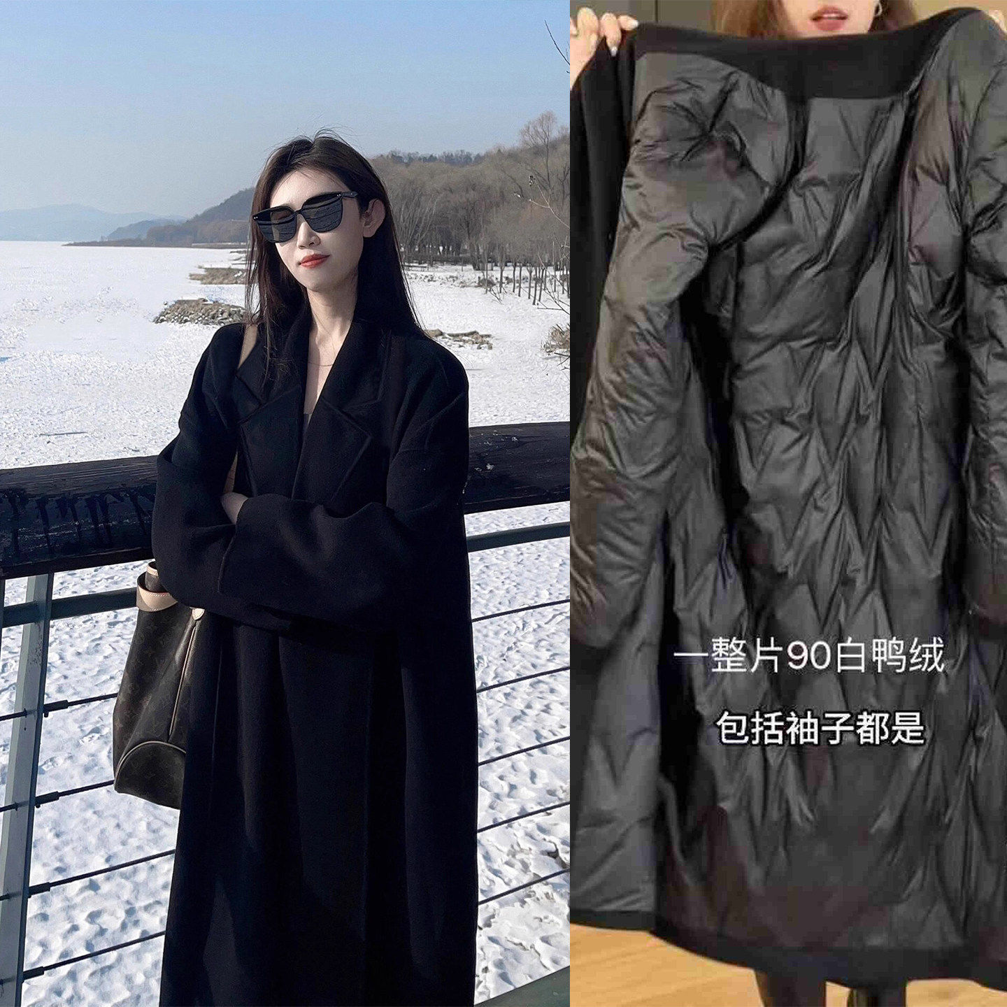 赫本风黑色羽绒服内胆毛呢外套女2025新款冬季中长款加厚呢子大衣