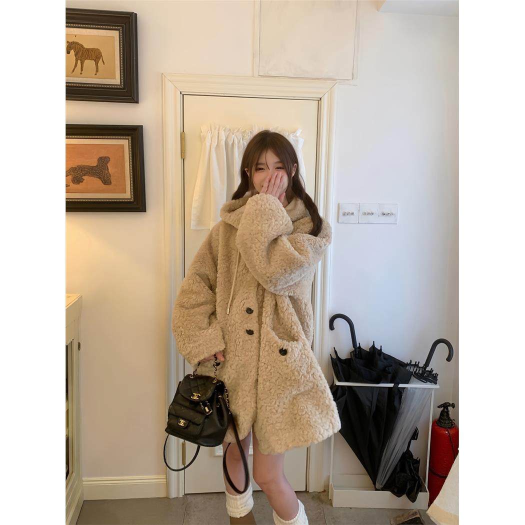 布朗小熊女冬皮草中长款皮毛一体羊羔毛大衣韩系宽松毛绒连帽外套