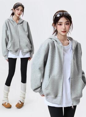 TEDIOUS灰色拉炼廓形连帽开衫卫衣女460g重磅春秋冬外套2025新款