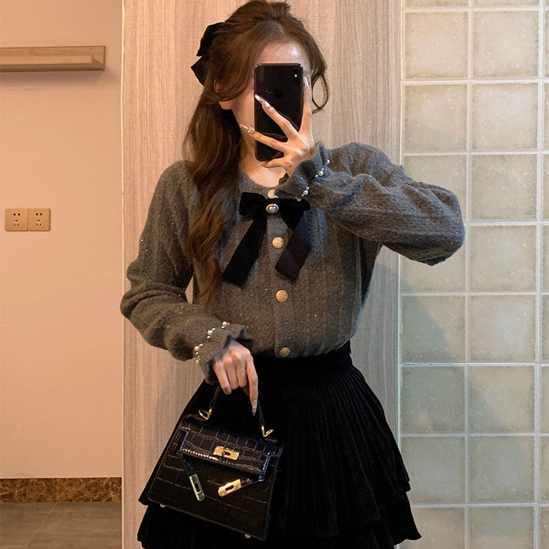 秋冬灰色圆领毛衣女蝴蝶结针织开衫外套亮丝钉珠小香风洋气上衣,女装/女士精品,毛针织衫,淘宝优惠券,粉丝福利购,淘宝优惠卷