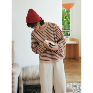 说与山听「静屿」圆领条纹卫衣加绒加厚无帽上衣冬季女休闲61018