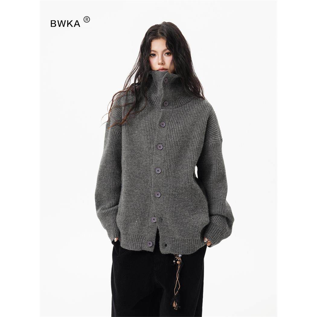 美式覆古纽扣高领开衫毛衣女男秋冬重磅宽松慵懒高级感针织衫外套