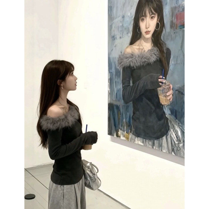 韩系灰色毛领斜肩一字肩针织衫女秋冬修身毛衣内搭打底衫气质上衣