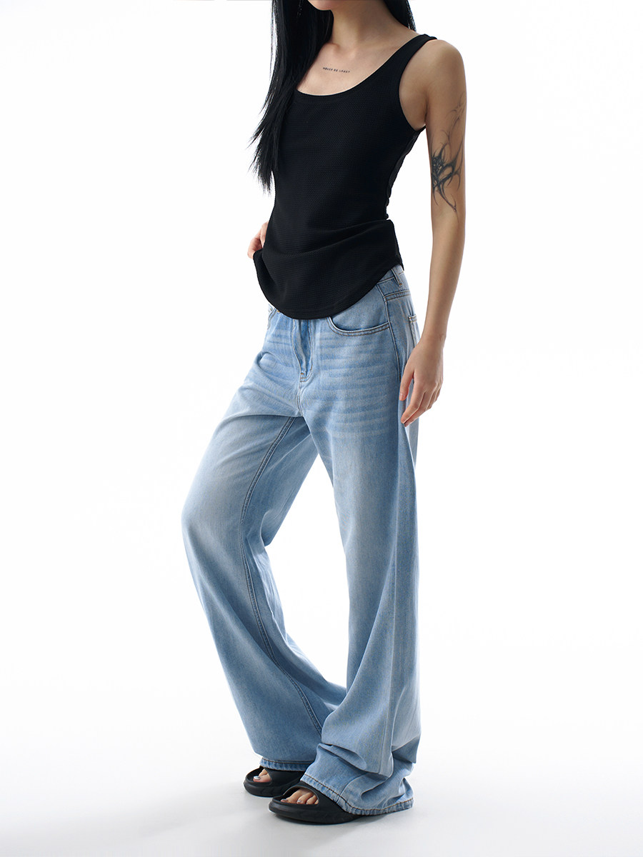 Tencel Lyocell Light Blue Flared Jeans for Women, Summer Thin Loose Fit, Slimming and Drapey Wide-Leg Pants