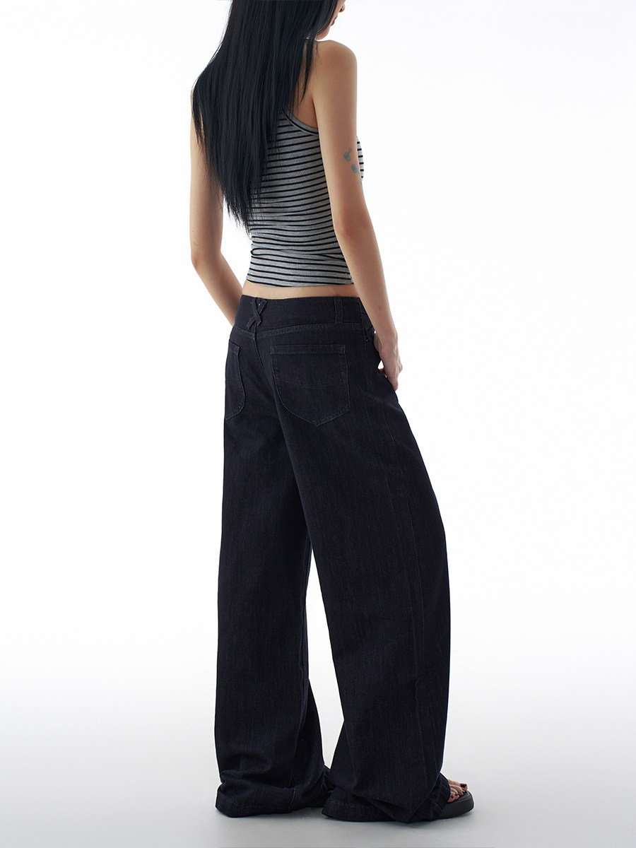 American Retro Dark Blue Low-Waisted Wide-Leg Jeans for Women 2025 Autum New Style Drapedy Straight Wide-Leg Pants