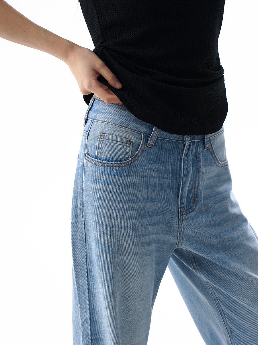 Tencel Lyocell Light Blue Flared Jeans for Women, Summer Thin Loose Fit, Slimming and Drapey Wide-Leg Pants