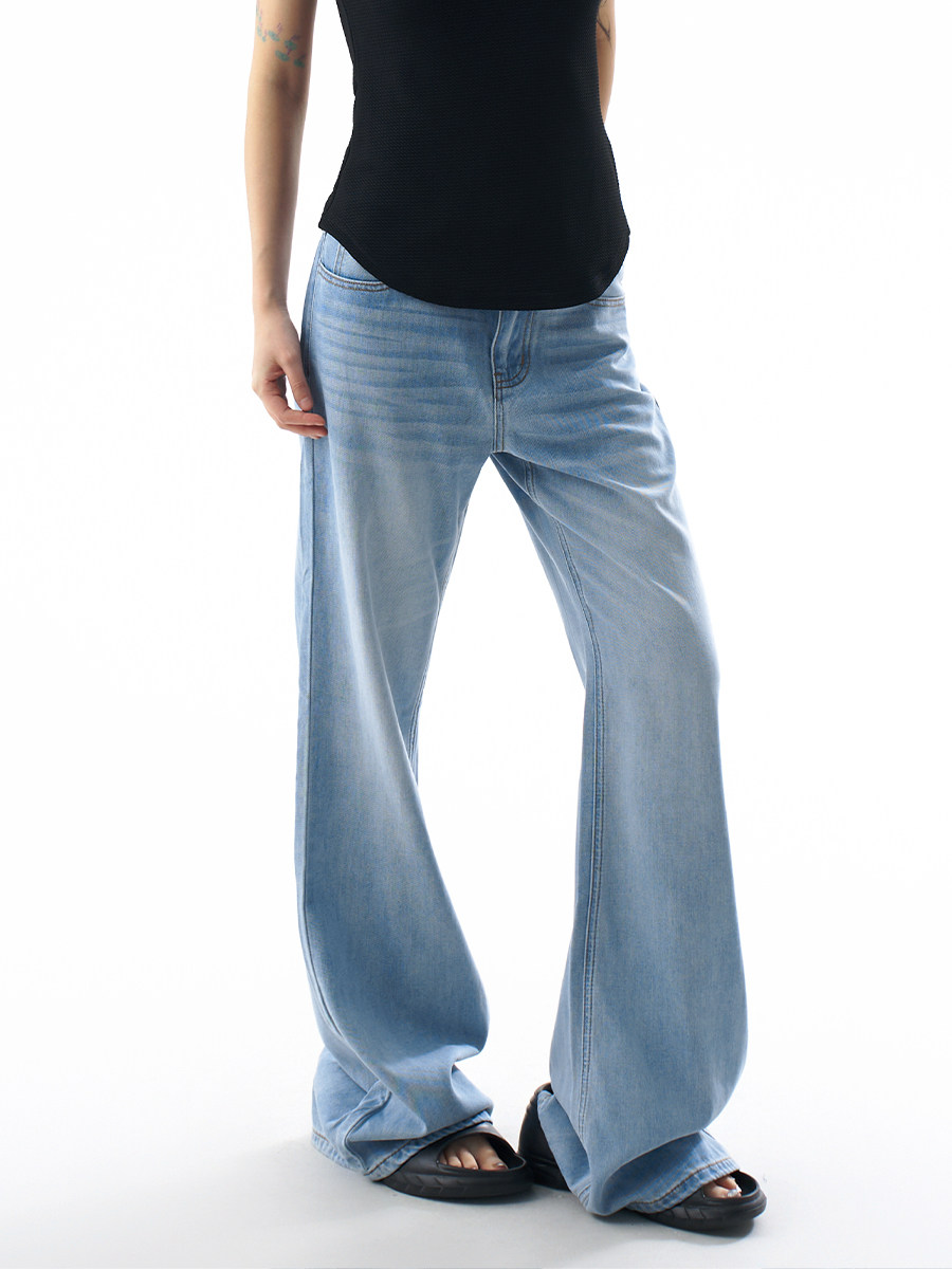 Tencel Lyocell Light Blue Flared Jeans for Women, Summer Thin Loose Fit, Slimming and Drapey Wide-Leg Pants