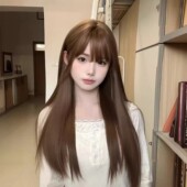 假发女长发蜜茶亚麻色圆脸自然蓬松学生甜美网红长直全头套式