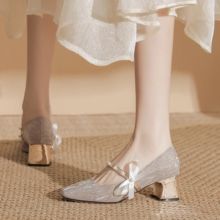 粗跟方头水晶高跟鞋玛丽珍配裙子旗袍伴娘单鞋新娘订婚主婚纱礼服