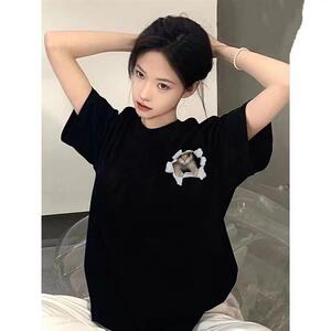 纯棉印花短袖2024夏季新款圆领套头宽松休闲潮牌女士T恤代发