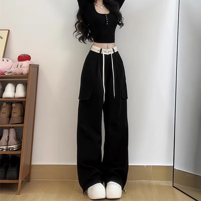 黑色工装裤女夏季新款大