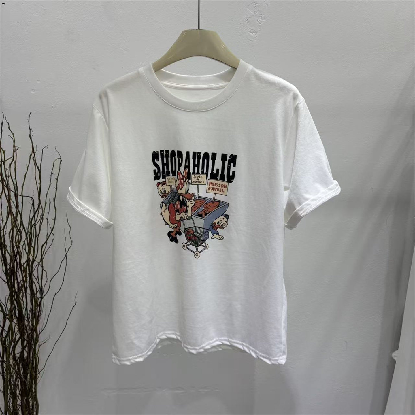 2026春夏新款卡通印花短袖T恤女白色宽松圆领百搭休闲慵懒风上衣