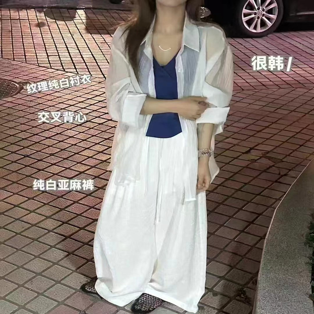2025夏季韩版时尚百搭翻领长袖衬衫女宽松显瘦休闲短裤吊带三件套