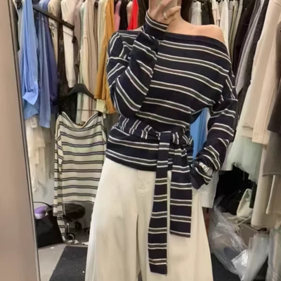 韩式条纹绑带长袖T恤女洋气上衣