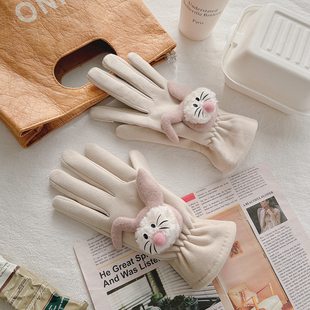手套女士冬季 保暖可爱卡通兔子可触屏加绒加厚防寒骑车德绒春秋天