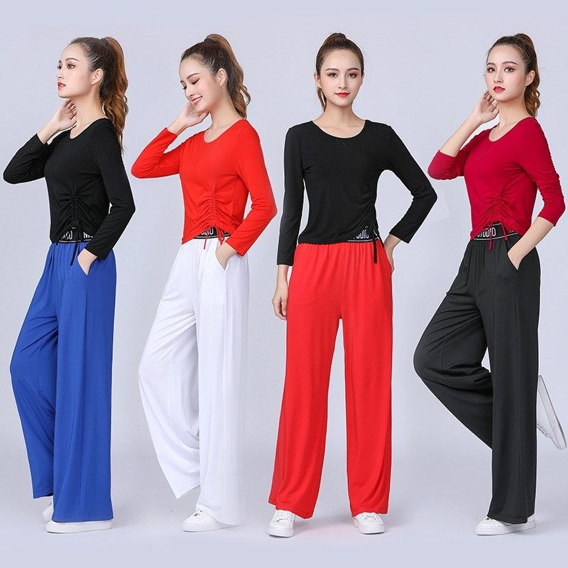 速干休闲运动服套装新款长袖女广场舞蹈服装阔腿裤团体健身操队服