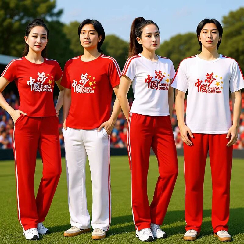 中国红广场舞速干短袖运动套装