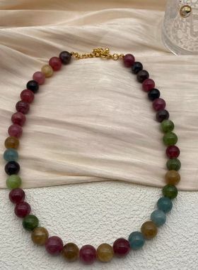 复古中古彩色碧玺天然圆珠项链串女士小众精致古风感幸运设计项链