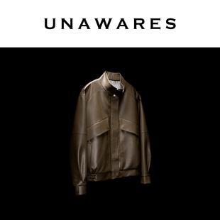 UNAWARES WARDROBE系列 立领双袋飞行皮夹克皮衣外套