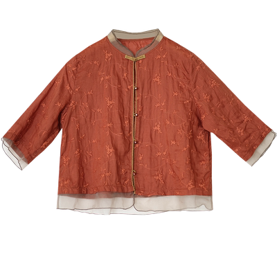 文艺中式欧根纱立领纯色苎麻衬衣女夏季新款刺绣小衫短款麻料上衣