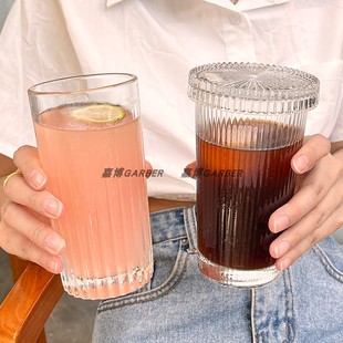 ins风竖条纹玻璃马克杯喝水杯子带盖带吸管高颜值家用竖纹牛奶杯