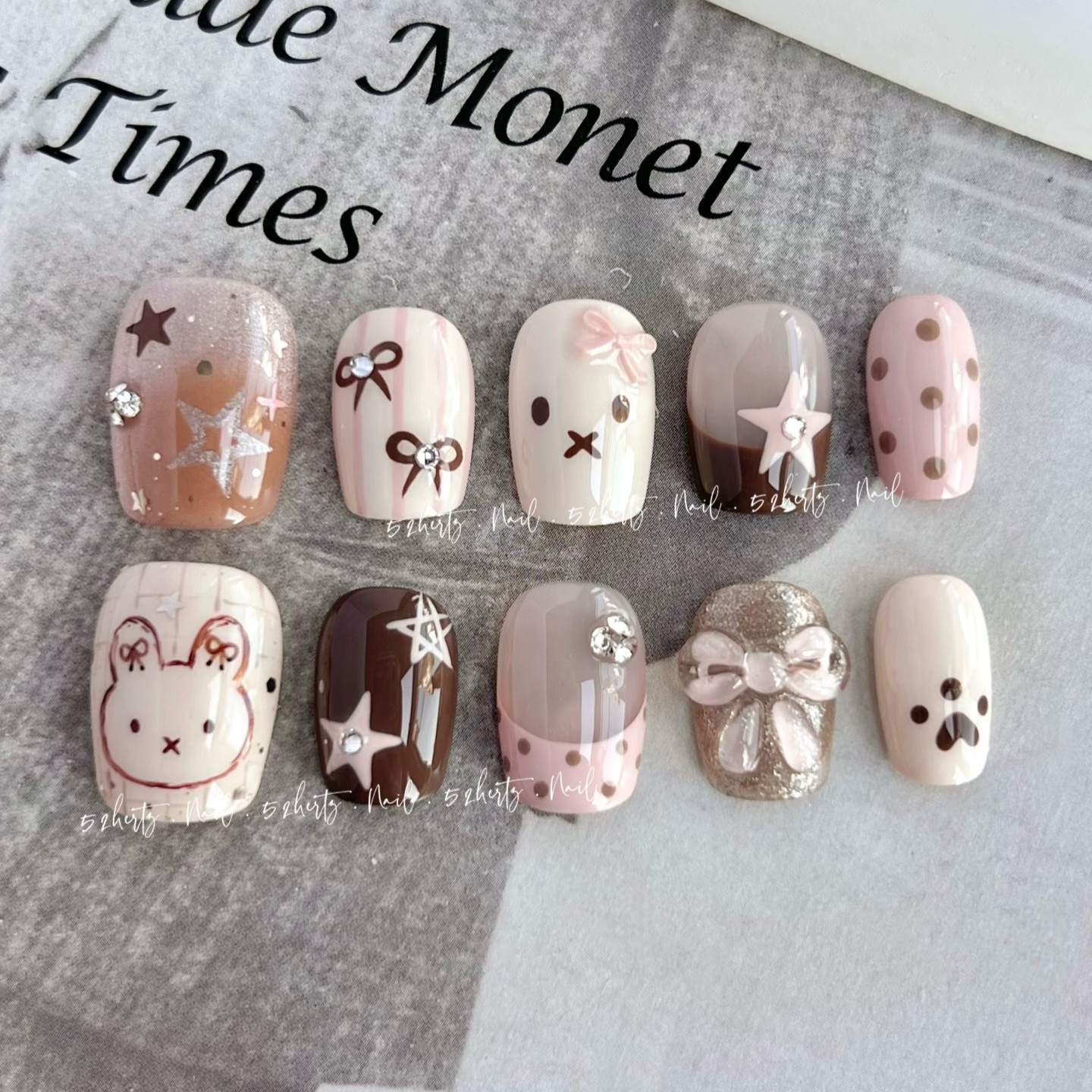 粉棕色米菲兔手绘可爱卡通穿戴甲美甲蝴蝶结捏捏波点美拉德秋冬,彩妆/香水/美妆工具,穿戴甲/甲片,淘宝优惠券,粉丝福利购,淘宝优惠卷