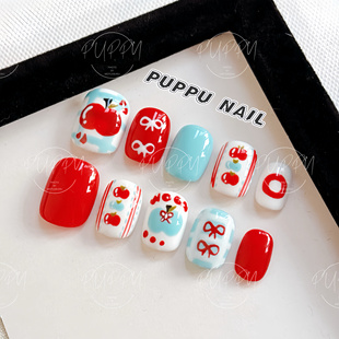 PUPPY家 新年苹果美甲纯手绘蓝红色可爱蝴蝶结圣诞穿戴甲显白ins