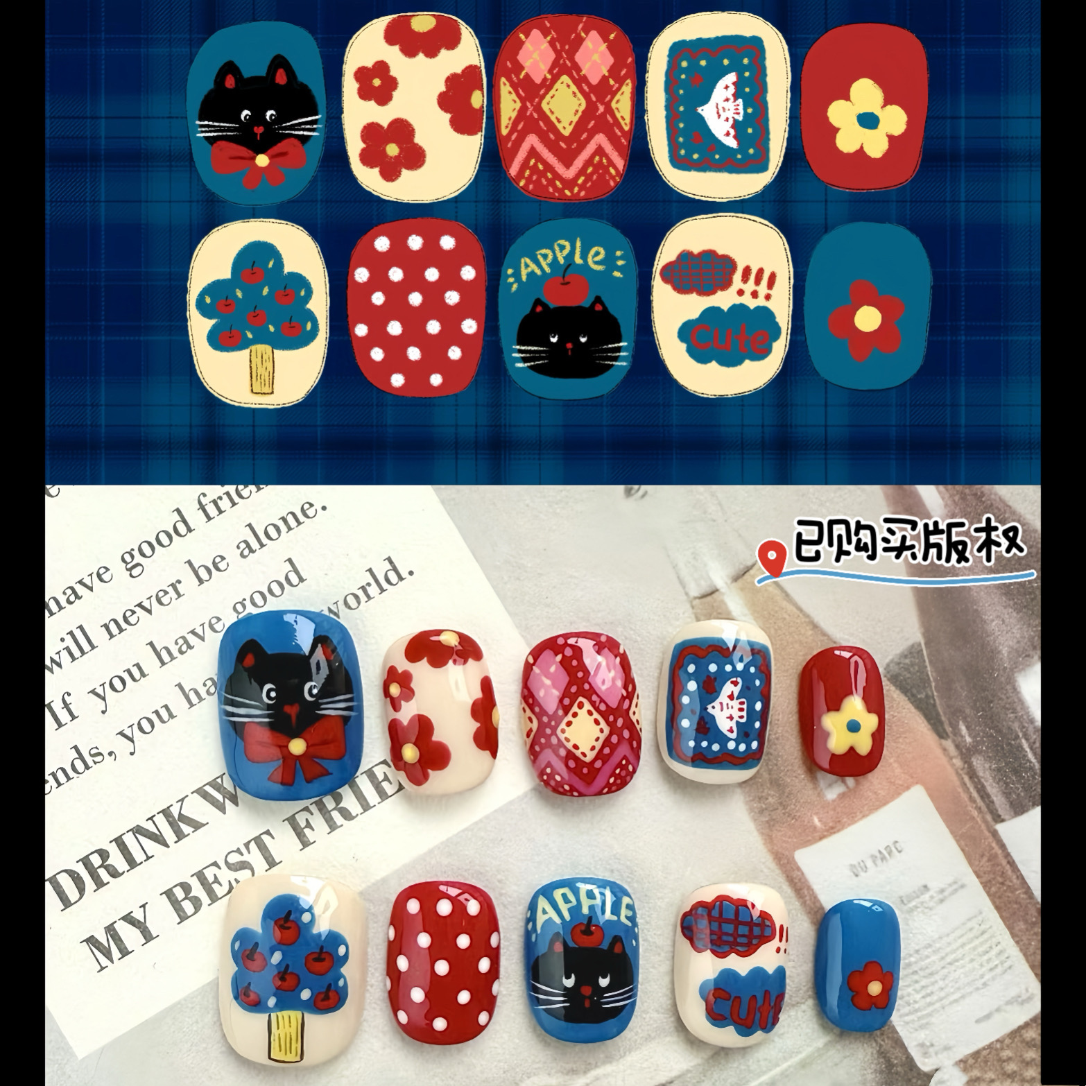 复古小黑猫手绘卡通可爱美甲秋冬短甲美式穿戴甲红蓝黄波点港风
