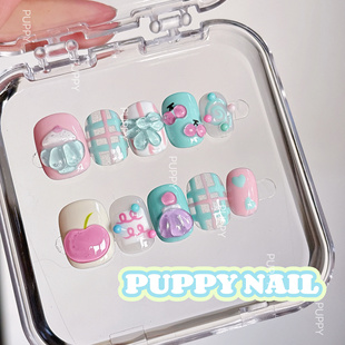 PUPPY家 美甲冰淇淋 薄荷苹果可爱手绘显白奶油粉可爱穿戴甲短款