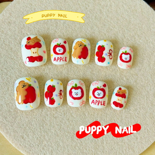 PUPPY家 线条小狗新年苹果美甲手绘可爱卡通穿戴甲显白短甲红白