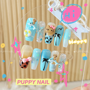 PUPPY家度假kitty糖果色可爱卡通穿戴甲ins风多巴胺彩色美甲黑皮