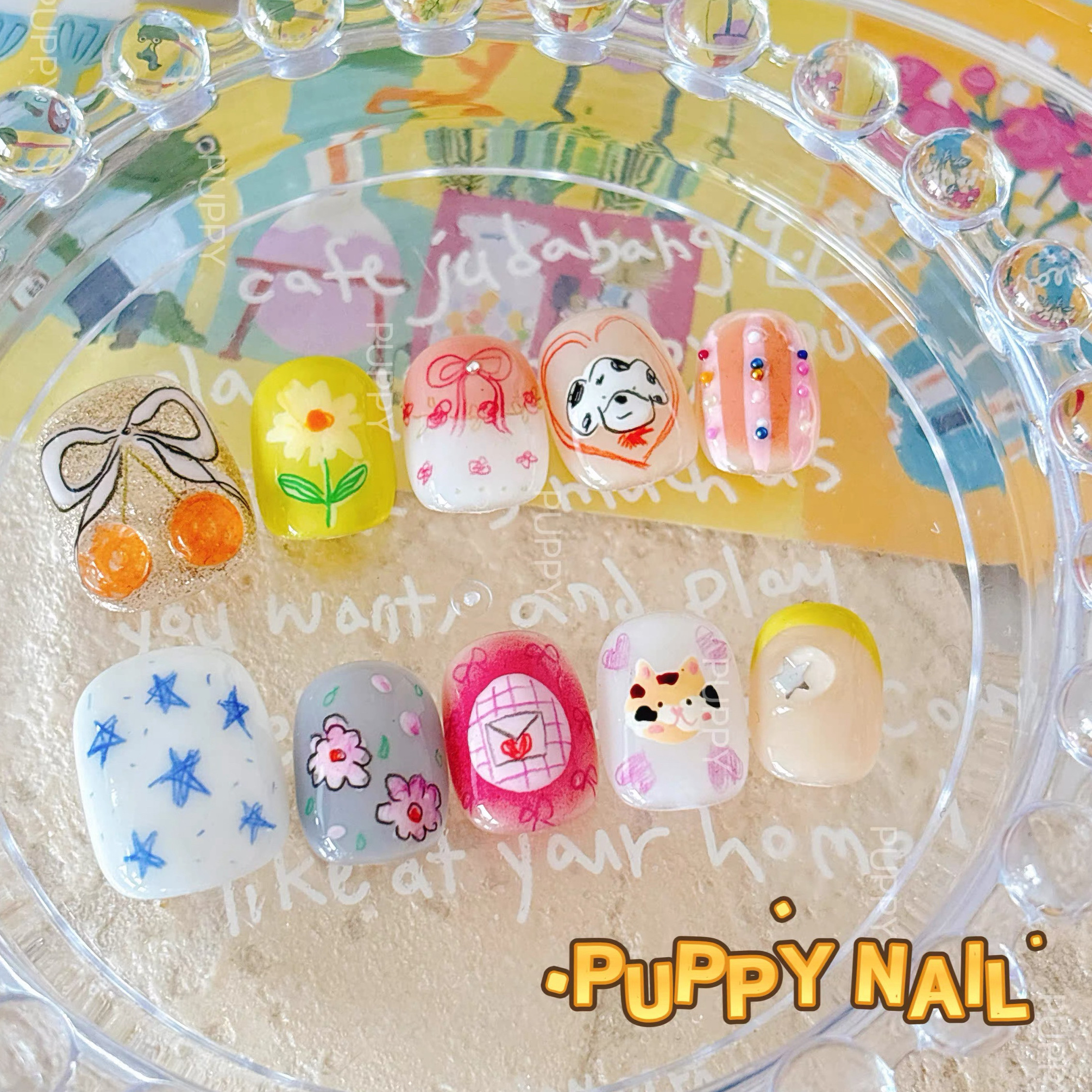 PUPPY水彩猫咪狗狗穿戴甲可爱彩铅手绘美甲韩系春天短甲小清新