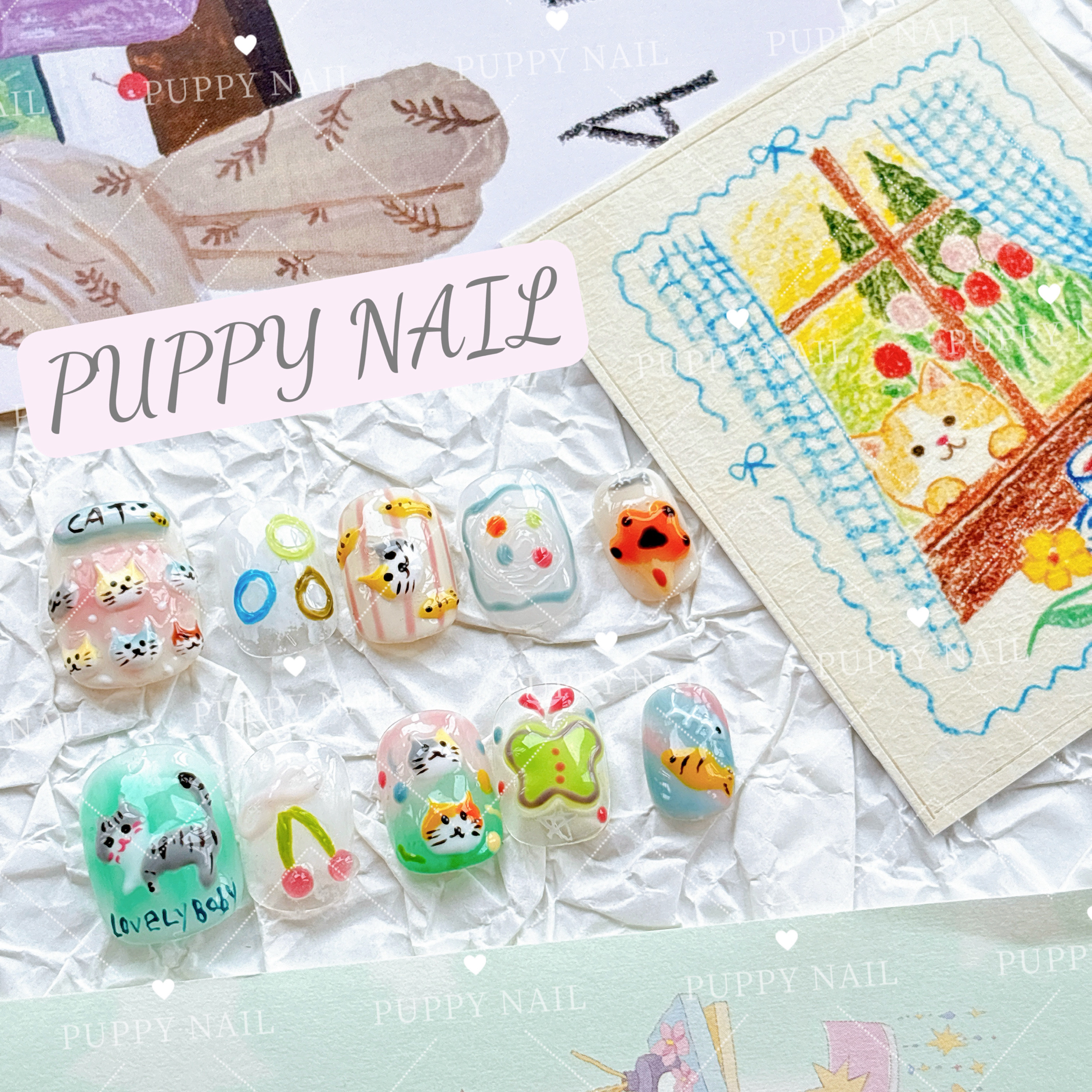 PUPPY家 猫咪茶话会～水彩手绘穿戴甲短款甜酷可爱立体美甲卡通