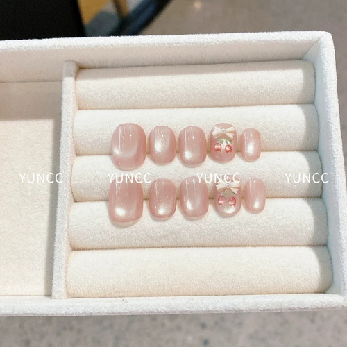 樱桃蝴蝶结手绘猫眼穿戴甲