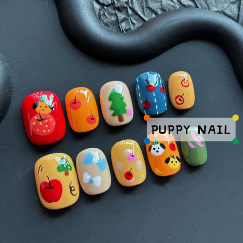 PUPPY家 苹果树小狗手绘卡通童趣穿戴甲可爱彩绘美甲秋冬美拉德