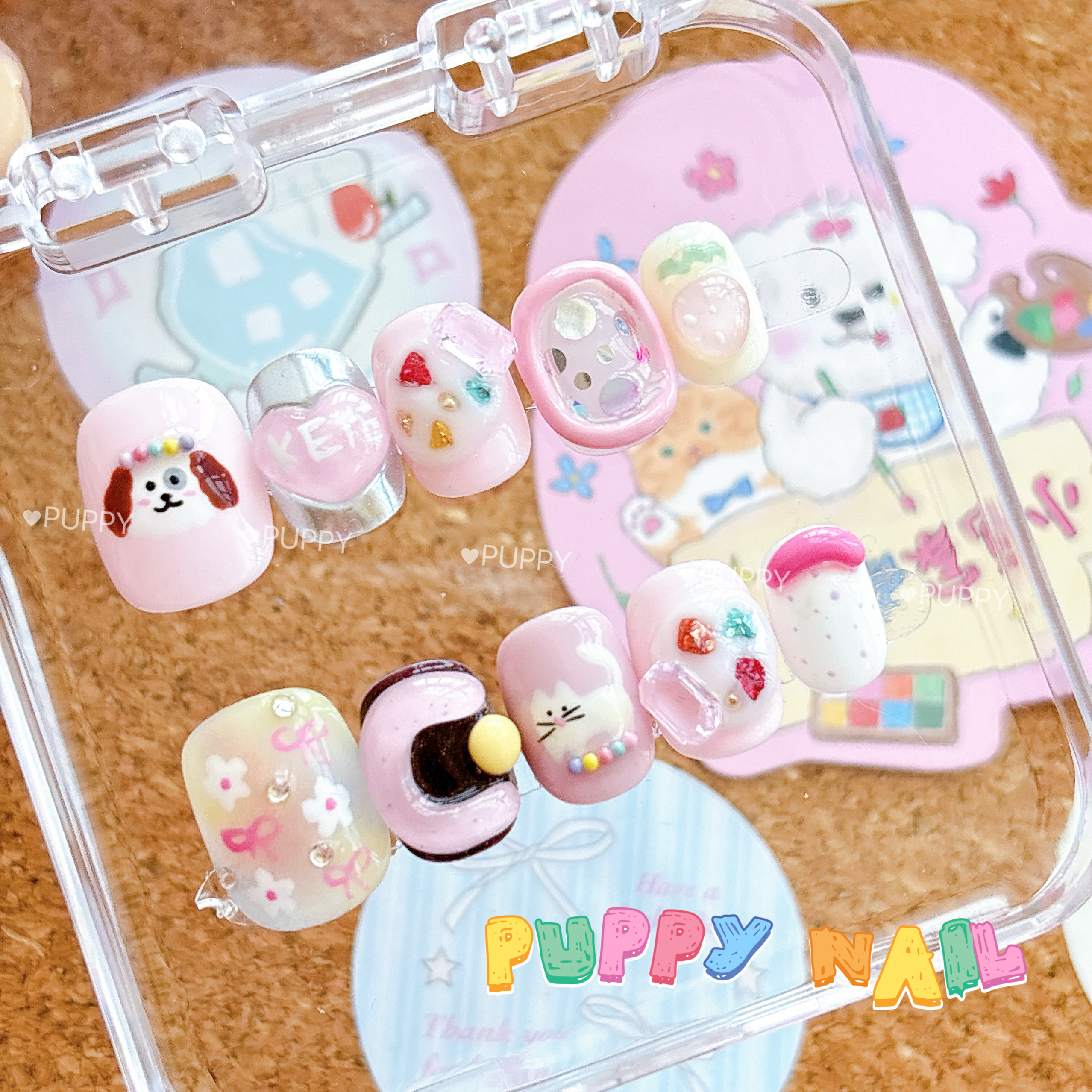 PUPPY家粉色小狗碎花蝴蝶结手绘穿戴甲可爱卡通ins美甲甜美多巴胺